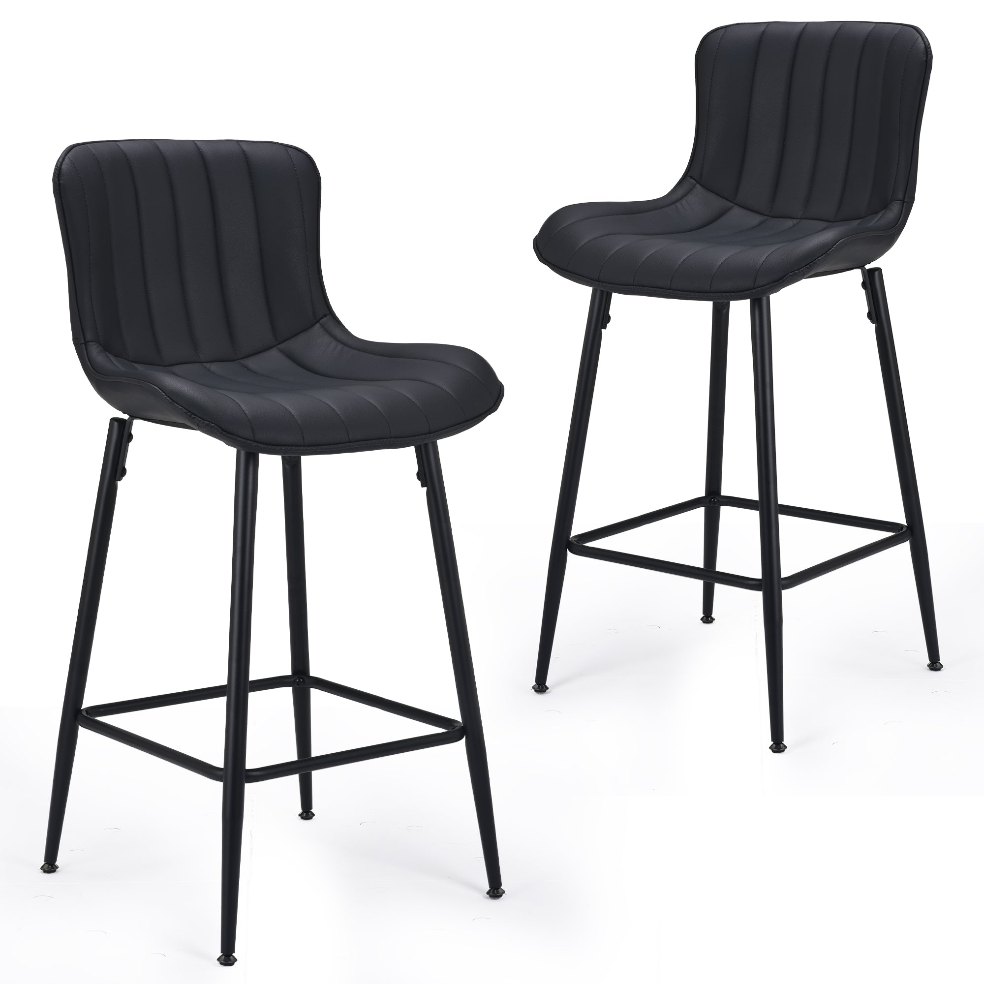 Set of Two 27" Black Faux Leather and Metal Low Back Counter Height Bar Chairs