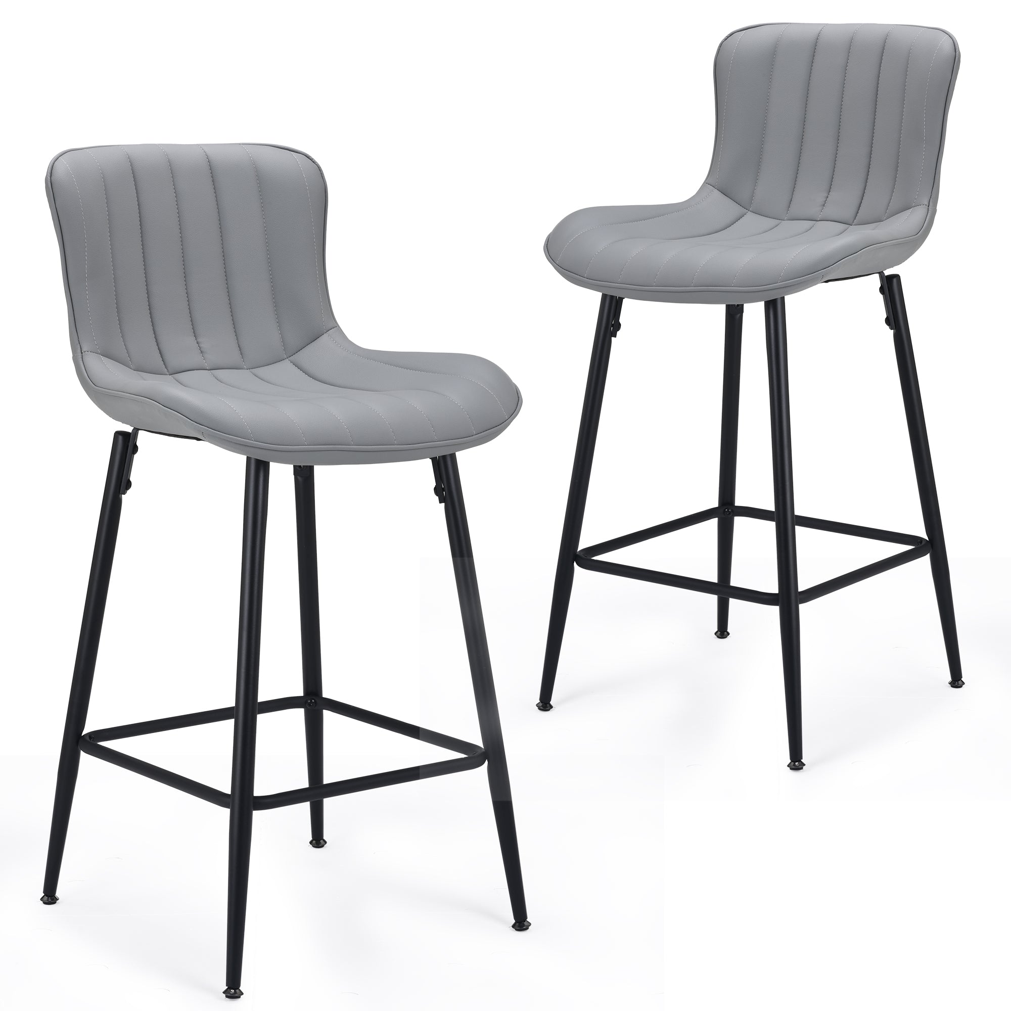 Set of Two 27" Gray and Black Faux Leather and Metal Low Back Counter Height Bar Chairs