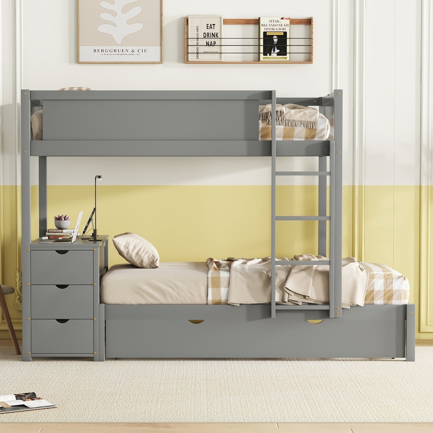 Twin-Over-Twin Bunk Bed With Twin Size Trundle, Storage And Desk, Gray