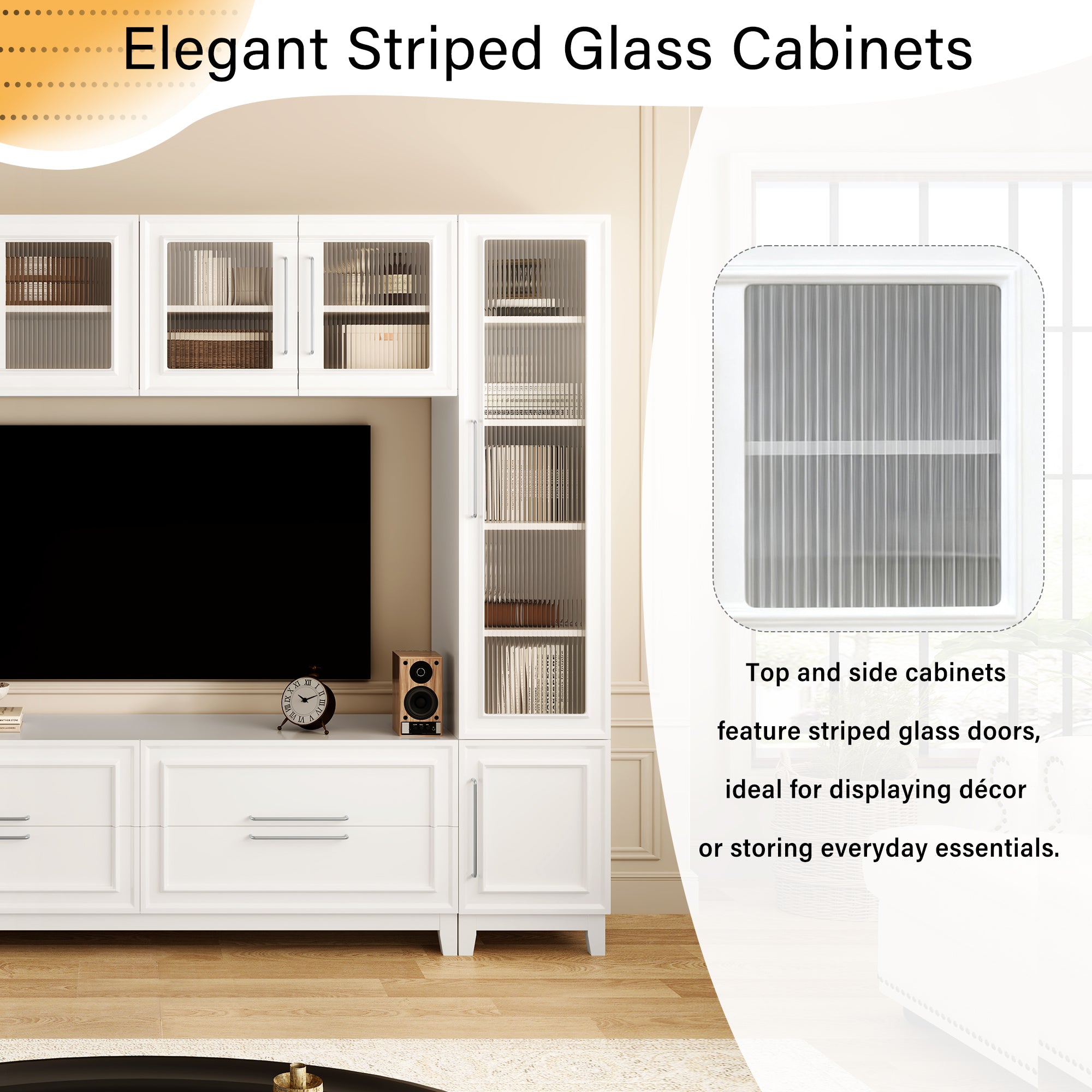 VIBE HAUS 102 W Wall Unit Modern Entertainment Center With Glass Doors For TVs Up To 75, Large Minimalist TV Stand Media Console With Drawers For Living Room