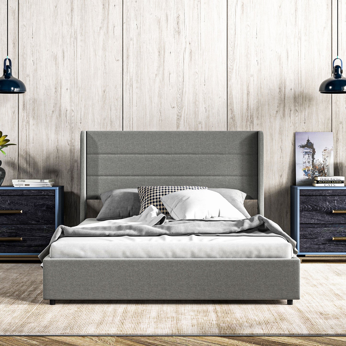 Full Bed Frame with Storage Drawers, Full Size Bed Base with Headboard, Wood Slats, Noise-Free, Light Gray
