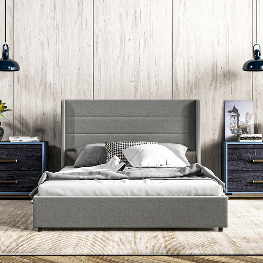 Full Bed Frame with Storage Drawers, Full Size Bed Base with Headboard, Wood Slats, Noise-Free, Light Gray