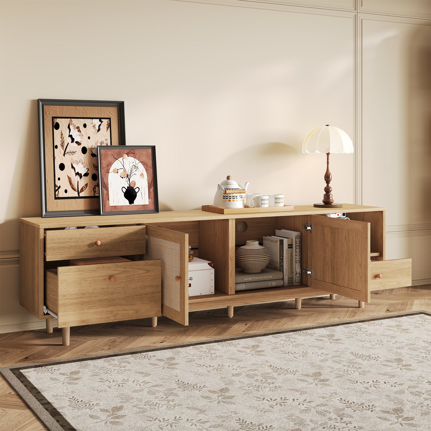 Boho TV Stand For 65, 75, 85 Inch TV, Entertainment Center With Open Storage And Drawers, Modern Wood Media TV Console With Real Rattan