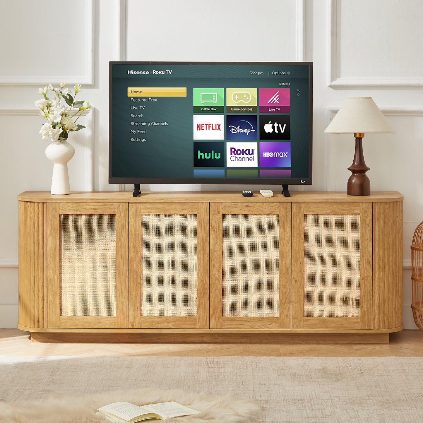 64-inch Wave Shaped TV Stand, Rounded Corner Sideboard, Storage Cabinet, Buffet, Wood Vertical Striped Cabinet With Rattan Doors For Kitchen Bedroom Entryway. Natural, 64W X 15D X 24H