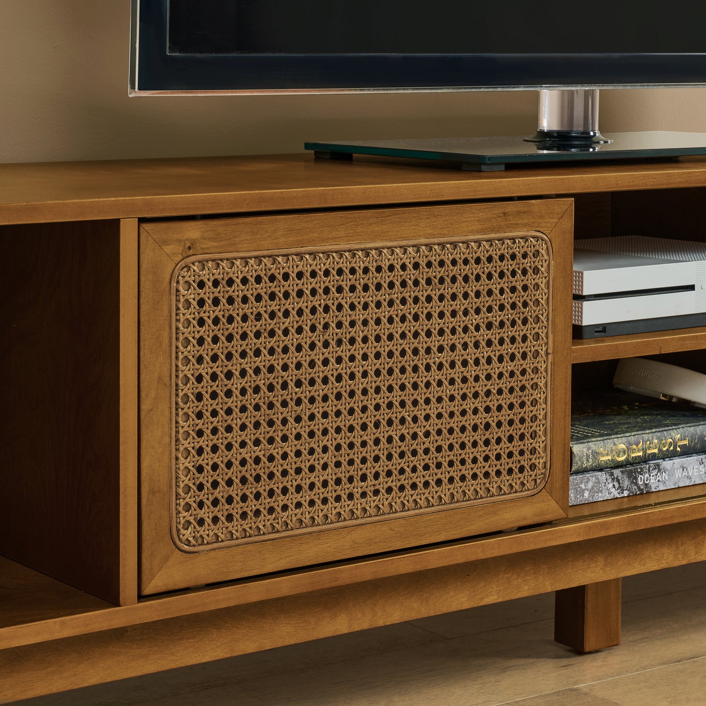 67.9 Inch Mid Century Modern Rattan TV Stand For TVs Up To 75, Entertainment Cabinet, Media Console For Living Room Media Room, Solid Wood Feet & Rattan Cabinet Doors - Light Walnut