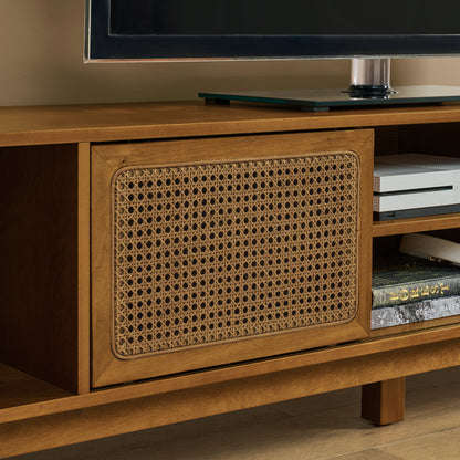 67.9 Inch Mid Century Modern Rattan TV Stand For TVs Up To 75, Entertainment Cabinet, Media Console For Living Room Media Room, Solid Wood Feet & Rattan Cabinet Doors - Light Walnut