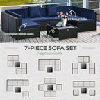 7-Piece Rattan Couch, Outdoor Patio Furniture Set, With Removable Cushions And Ottoman, Glass Coffee Table- Dark Coffee  Blue