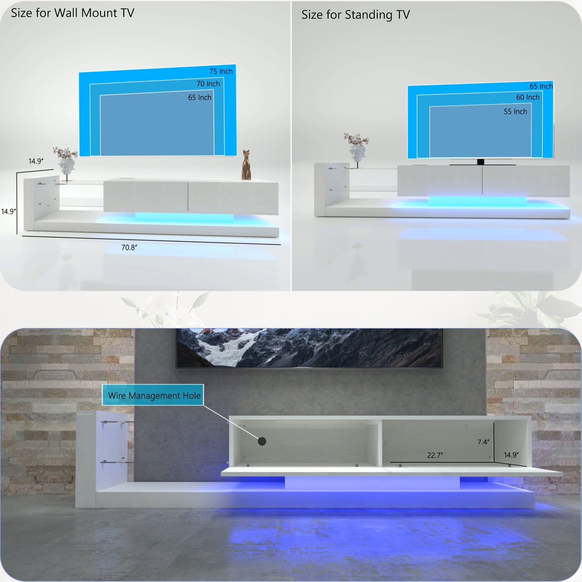 TV Console With Storage Cabinets, Full RGB Color 31 Modes Changing Lights Remote RGB LED TV Stand, Modern Entertainment Center White For 75 Inches TV