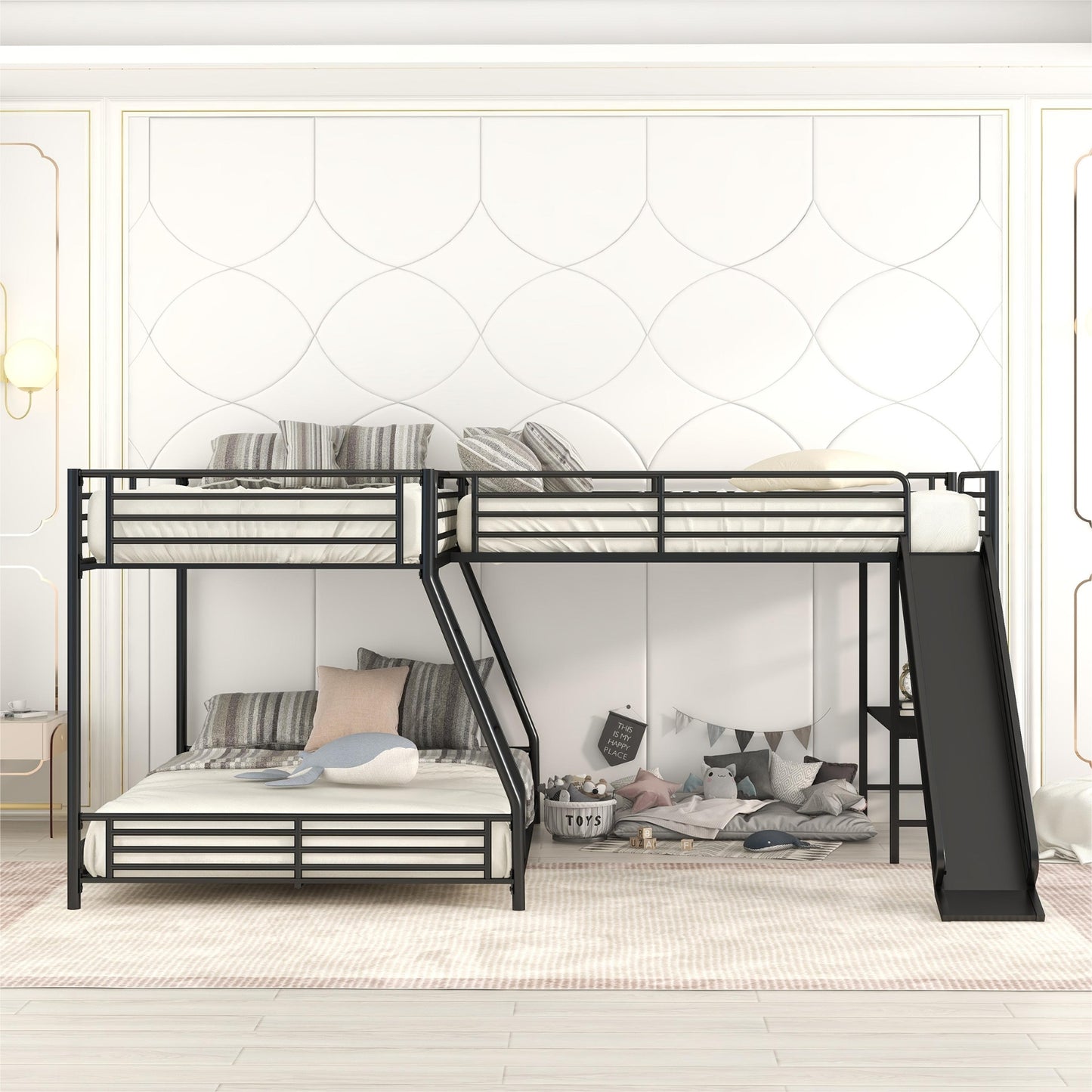 L-Shaped Twin Full Bunk Bed With Loft, Desk  Slide, Black