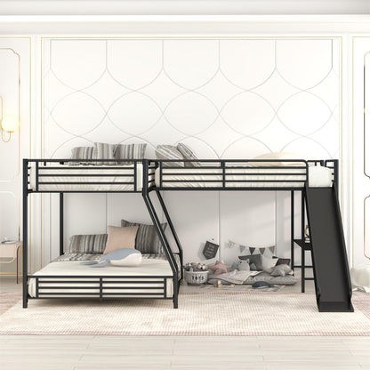 L-Shaped Twin Full Bunk Bed With Loft, Desk  Slide, Black