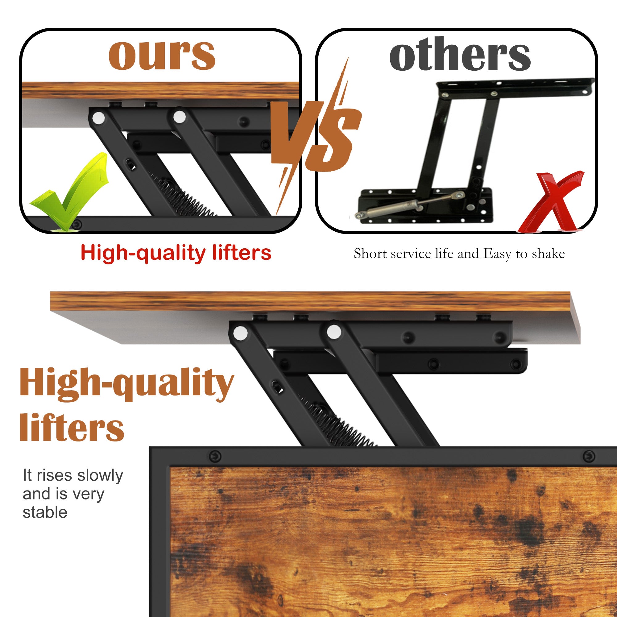 Farmhouse Lift Top Coffee Table With Storage Adjustable Height Living Room Table, Multifunctional Center For Family With Hidden Compartment & 3 Shelves110lbs Capacity, Easy To Clean