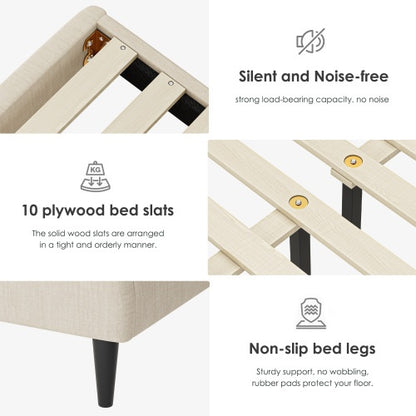 Queen Bed Frame, Linen Storage Headboard, Strong And Stable, No Noise, No Box Spring, Easy To Assemble