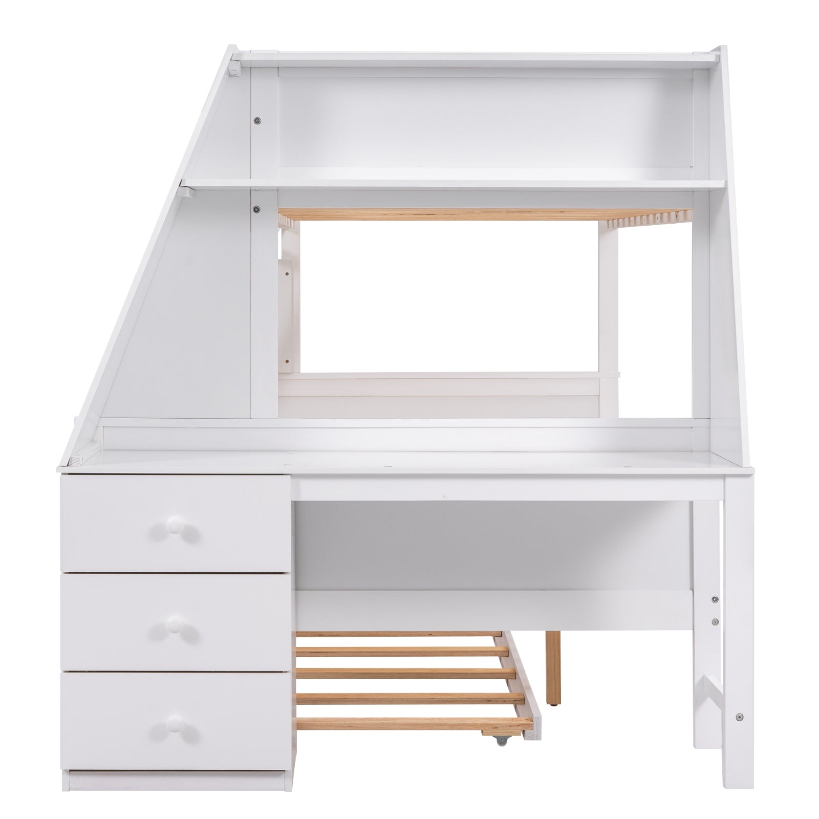 Twin Full Bunk Bed W  Trundle, Desk, 3 Drawers   Shelf - White