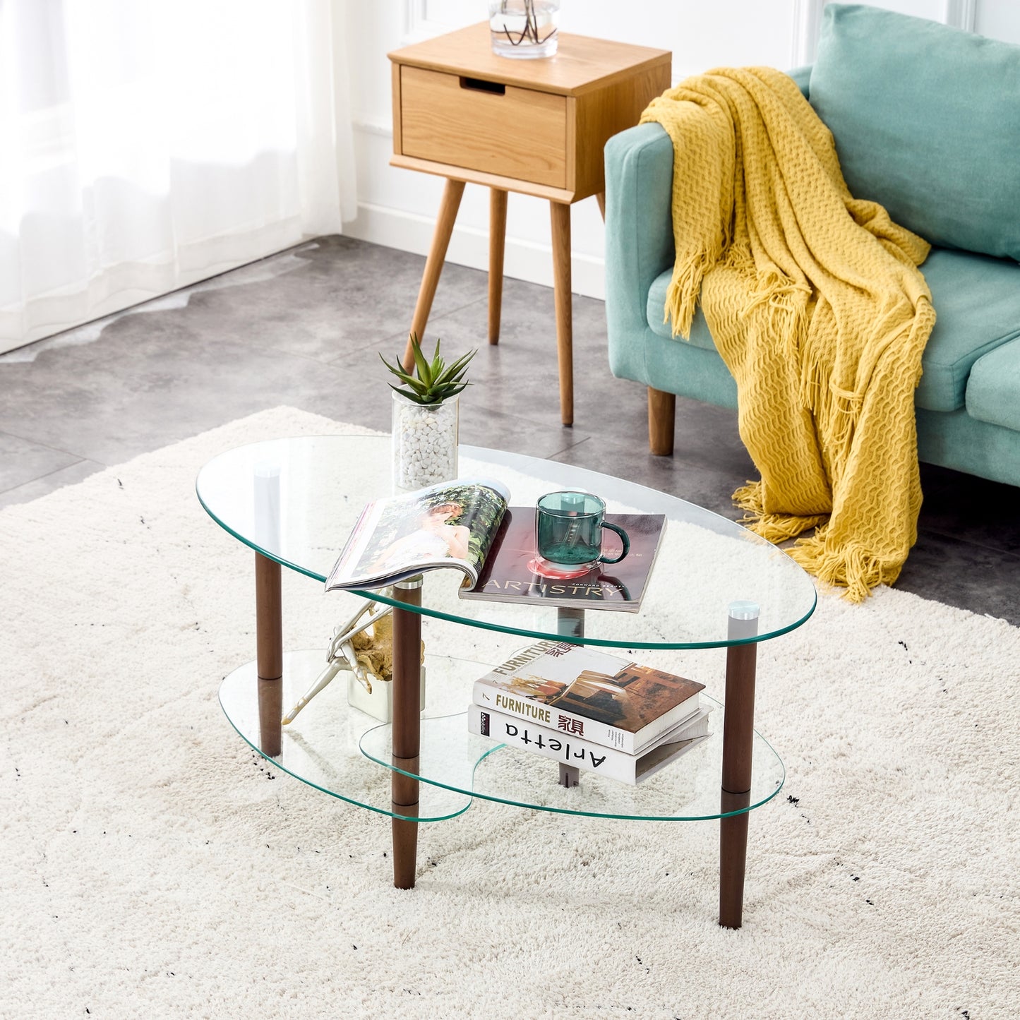 Transparent Oval Glass Coffee Table, 3-Layer Oak Leg Modern Living Room Table