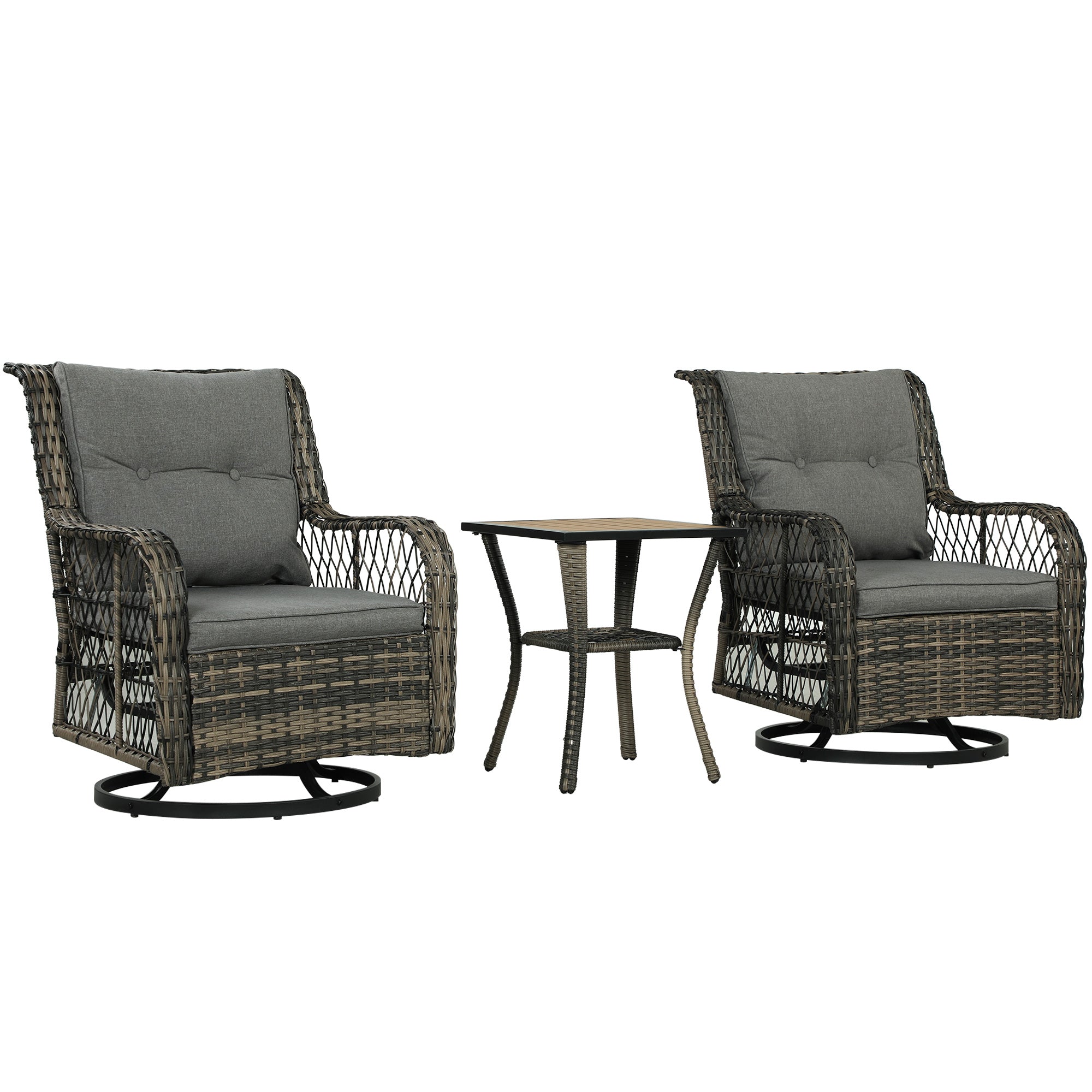 3 Piece Outdoor Bistro Set, Wicker Small Patio Furniture Set With Swivel Glider Chairs For Balcony, Porch, Gray