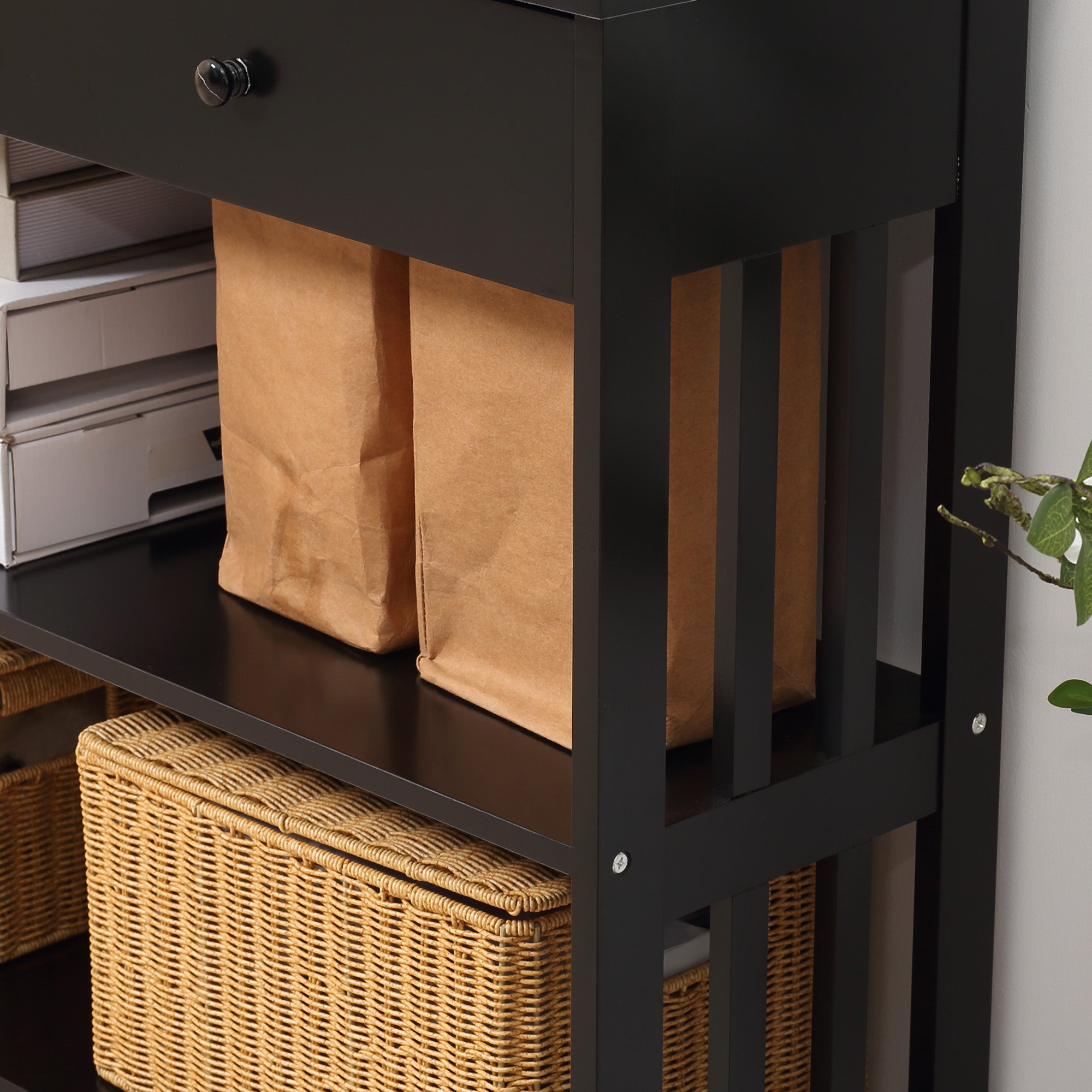 Console Hallway Table with Extra Wide Pull Out Drawer, 2 Open Shelves and Slatted Wood Frame Design, Black