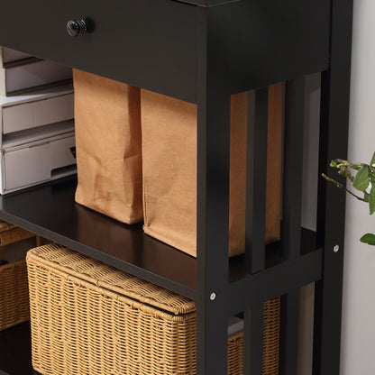 Console Hallway Table with Extra Wide Pull Out Drawer, 2 Open Shelves and Slatted Wood Frame Design, Black