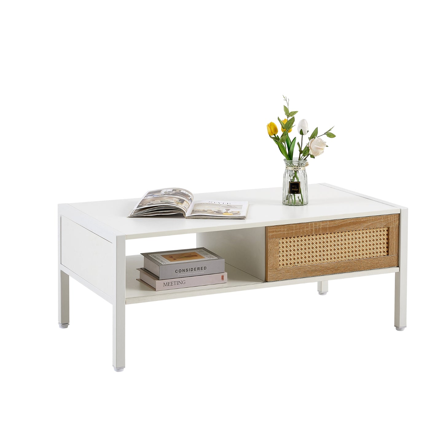 40.16 Rattan Coffee Table With Sliding Door, Metal Legs - Modern Living Room