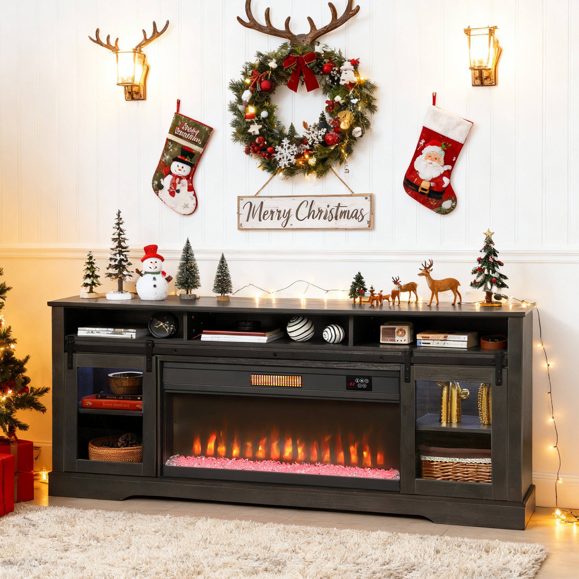 Fireplace TV Stand for TVs Up to 80 Inch, TV Console with Electric Fireplace, Open Storage and Side Cabinets, Gray