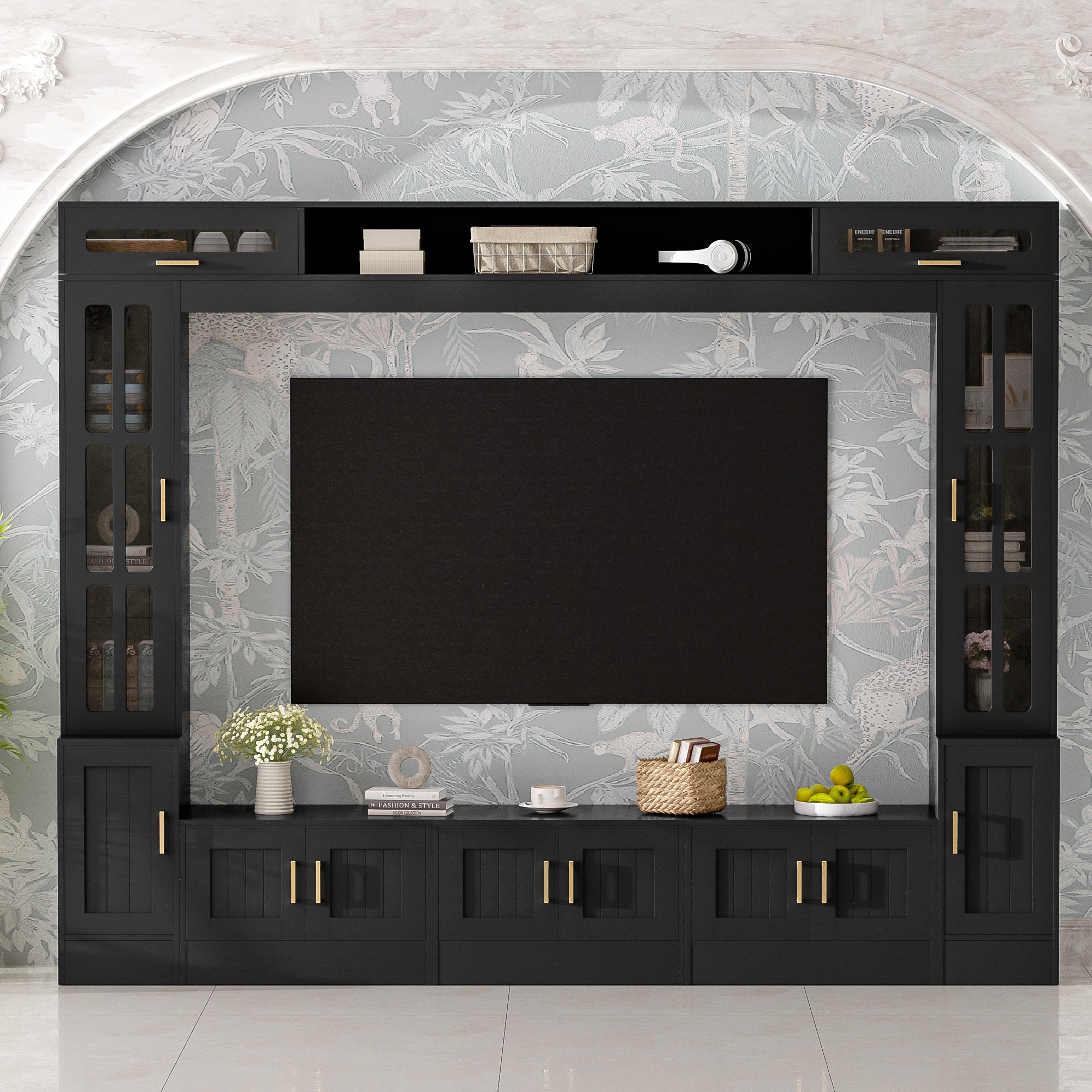 VIBE HAUS 98.4 W Wall Unit Entertainment Center With Bookshelves For TVs Up To 80, Modern TV Stand Media Console With Cabinets, Tempered Glass Doors And Adjustable Shelves For Living Room