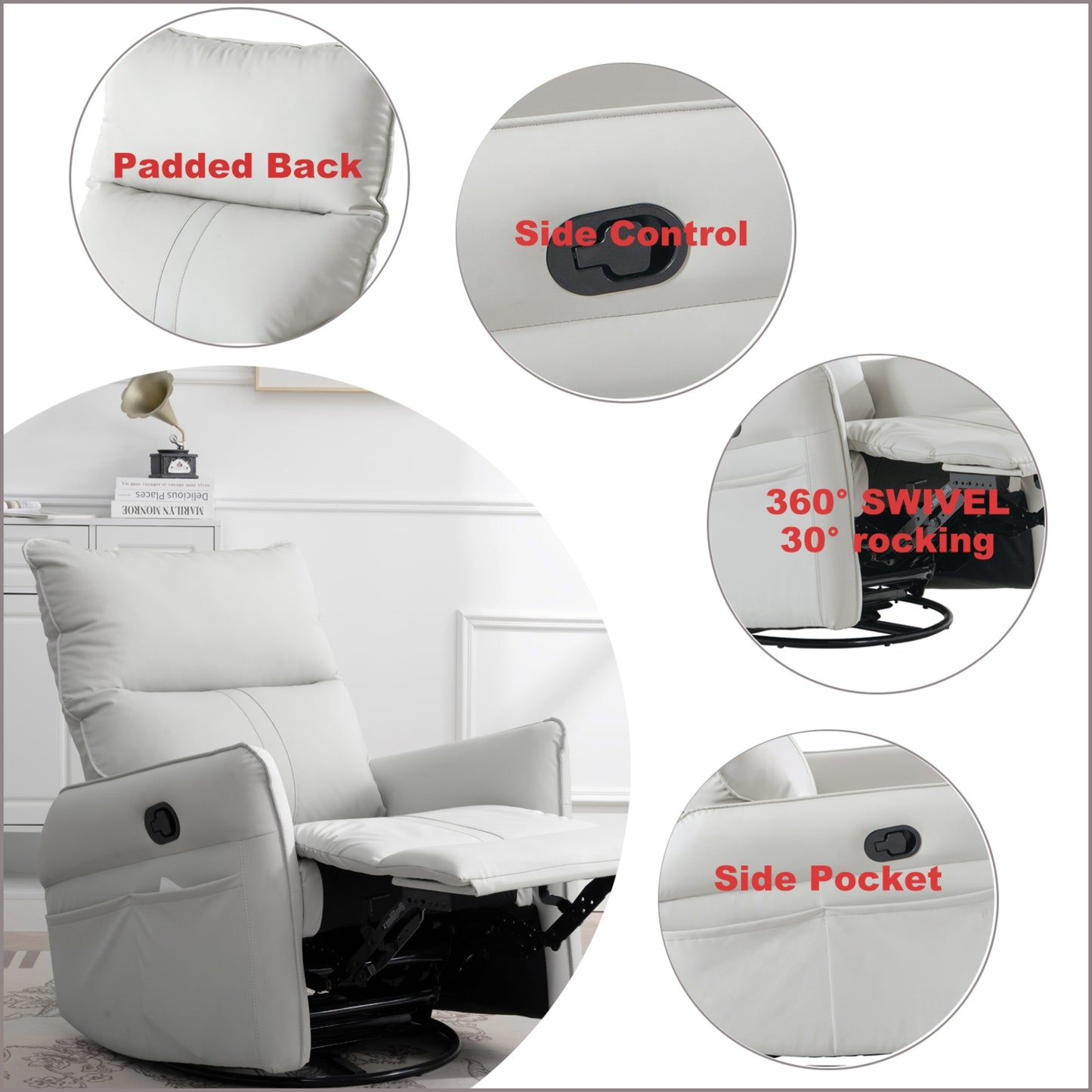 360  Swivel Rocking Recliner Chair, Nursery Glider, Modern Small Rocker