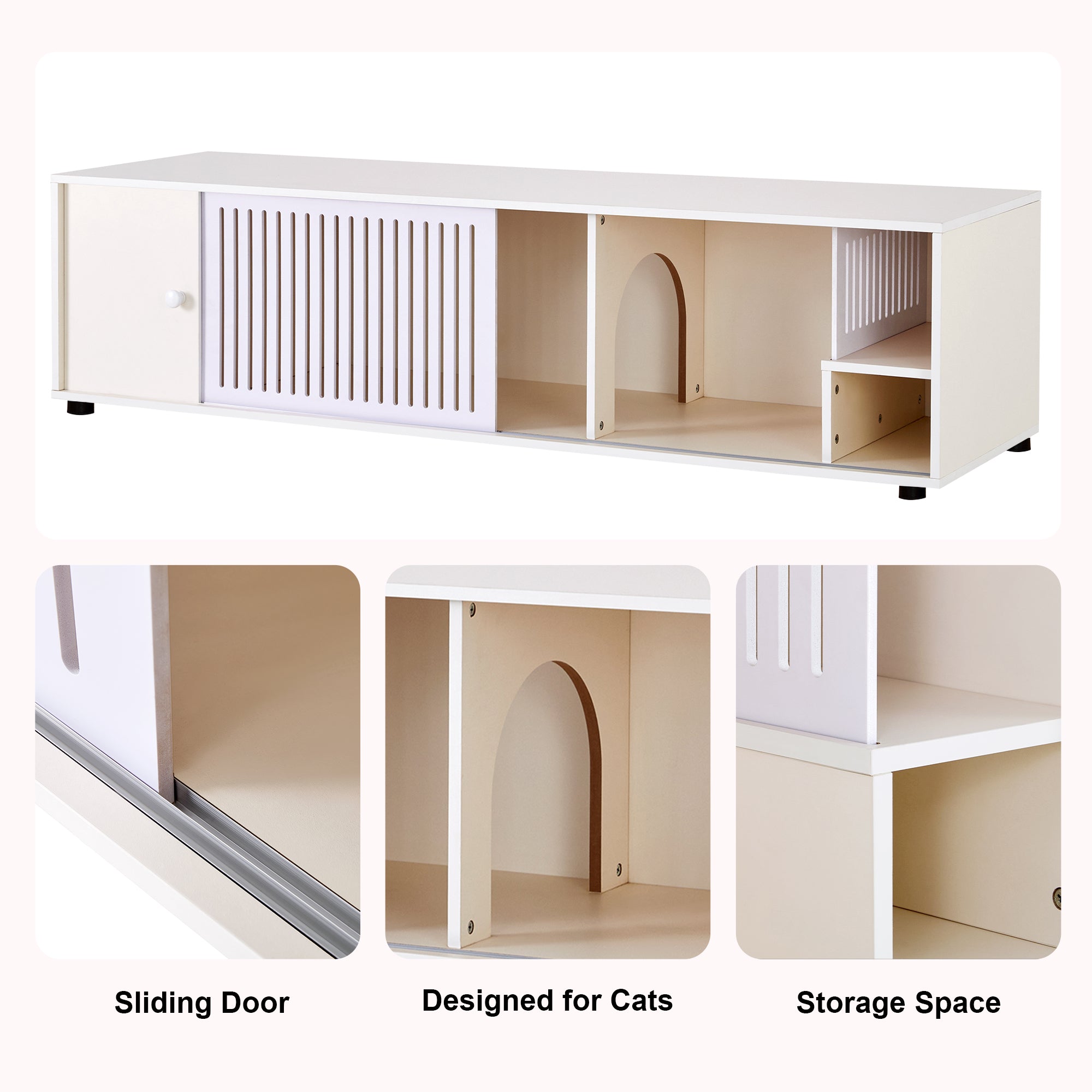 Modern Cream White TV Stand With Storage, Cat Litter Box Enclosure With Removable Sliding Door
