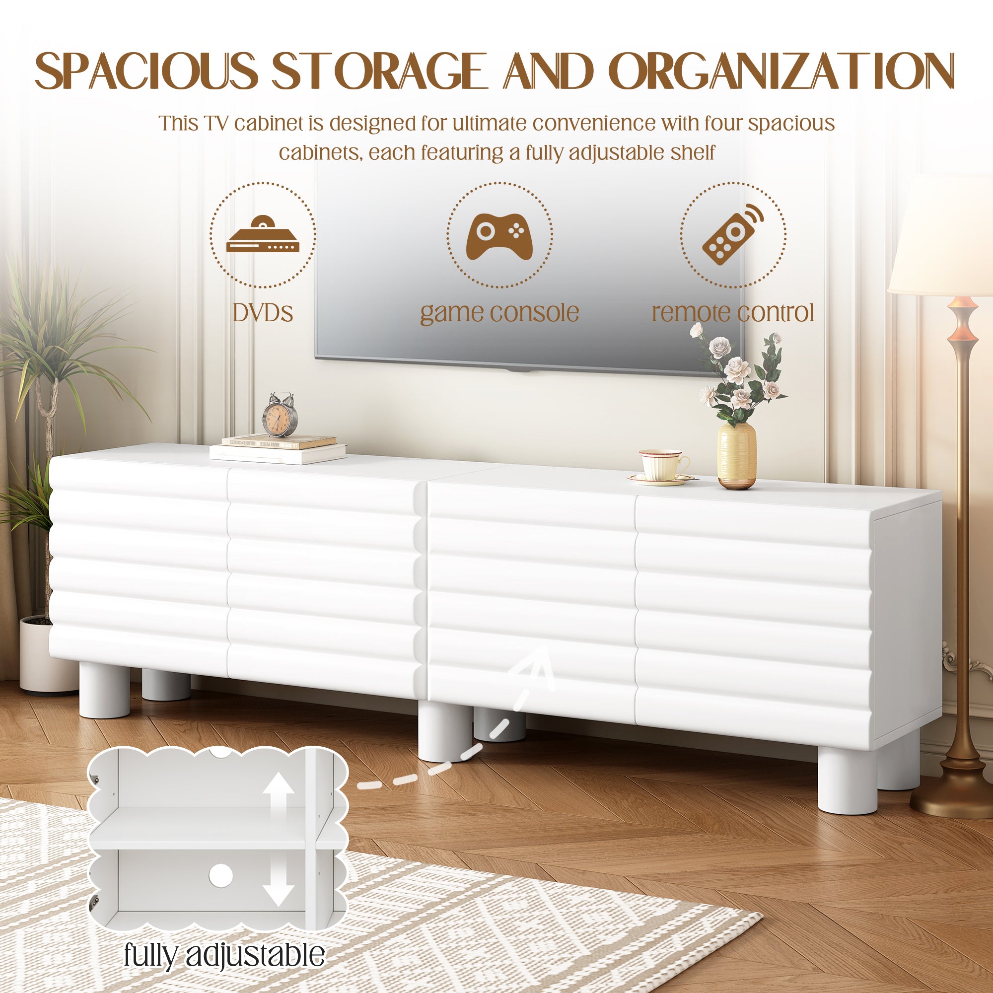 Stylish Thick Wavy Door TV Cabinet With Adjustable Shelves, Cream Style TV Stand With 4 Cabinets For TVs Up To 75, Solid Media Console With Cylindrical Legs And Cable Holes For Living Room, White