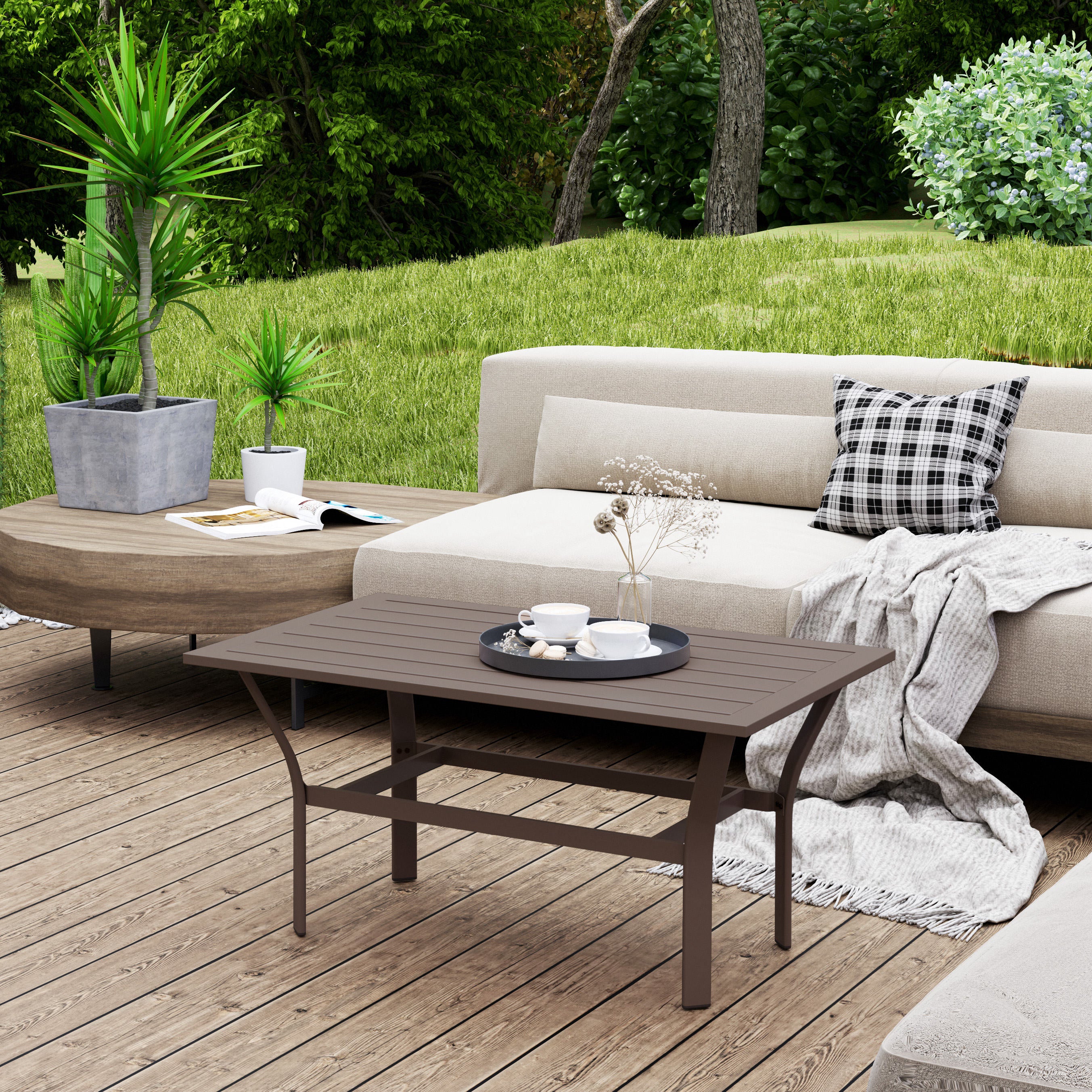 Outdoor Coffee Table with Slatted Tabletop, All-Weather Rectangle Metal Patio Coffee Table for Garden, Brown