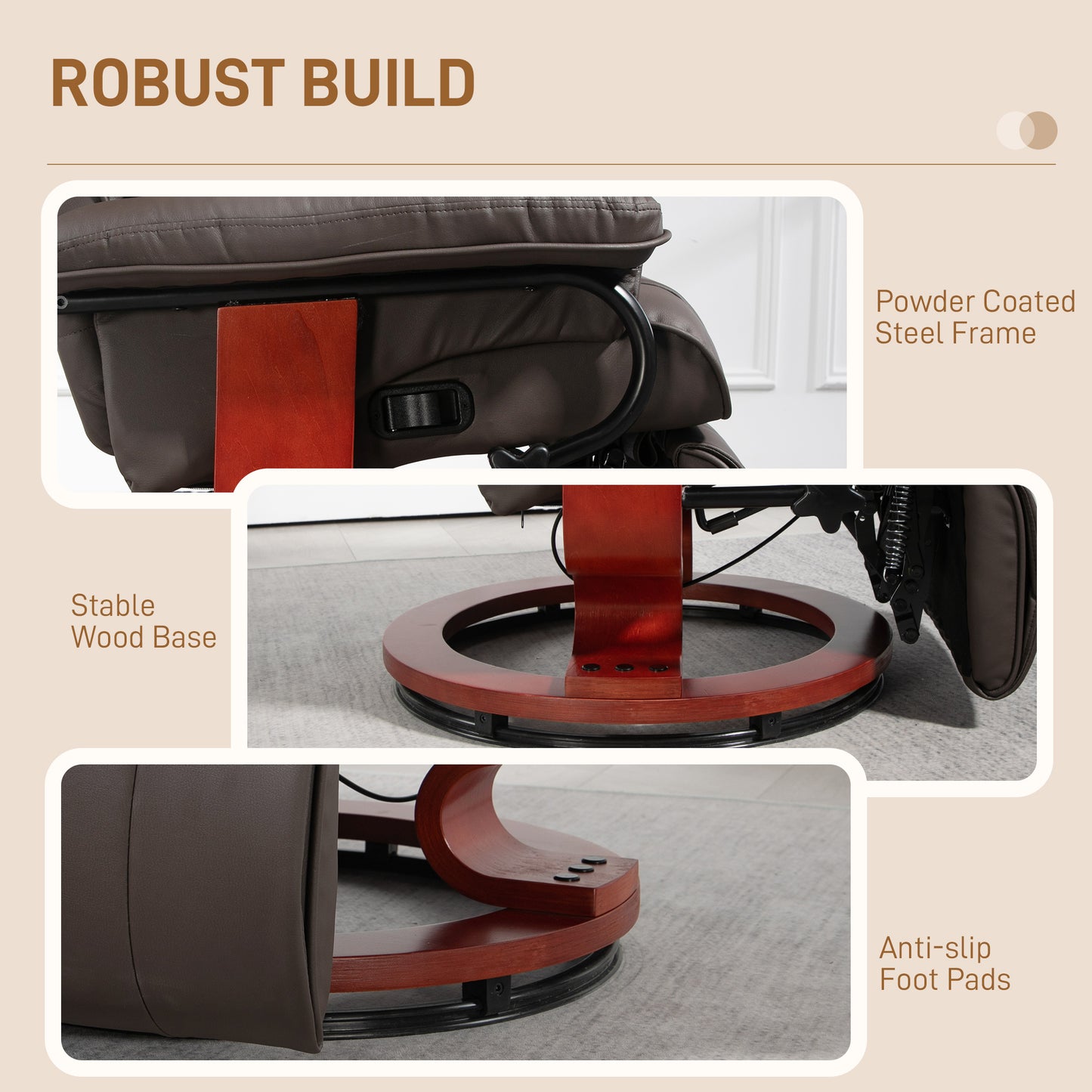 Modern RV Recliner Chair, PU Leather Swivel Recliner Armchair with Footrest for Living Room, Brown