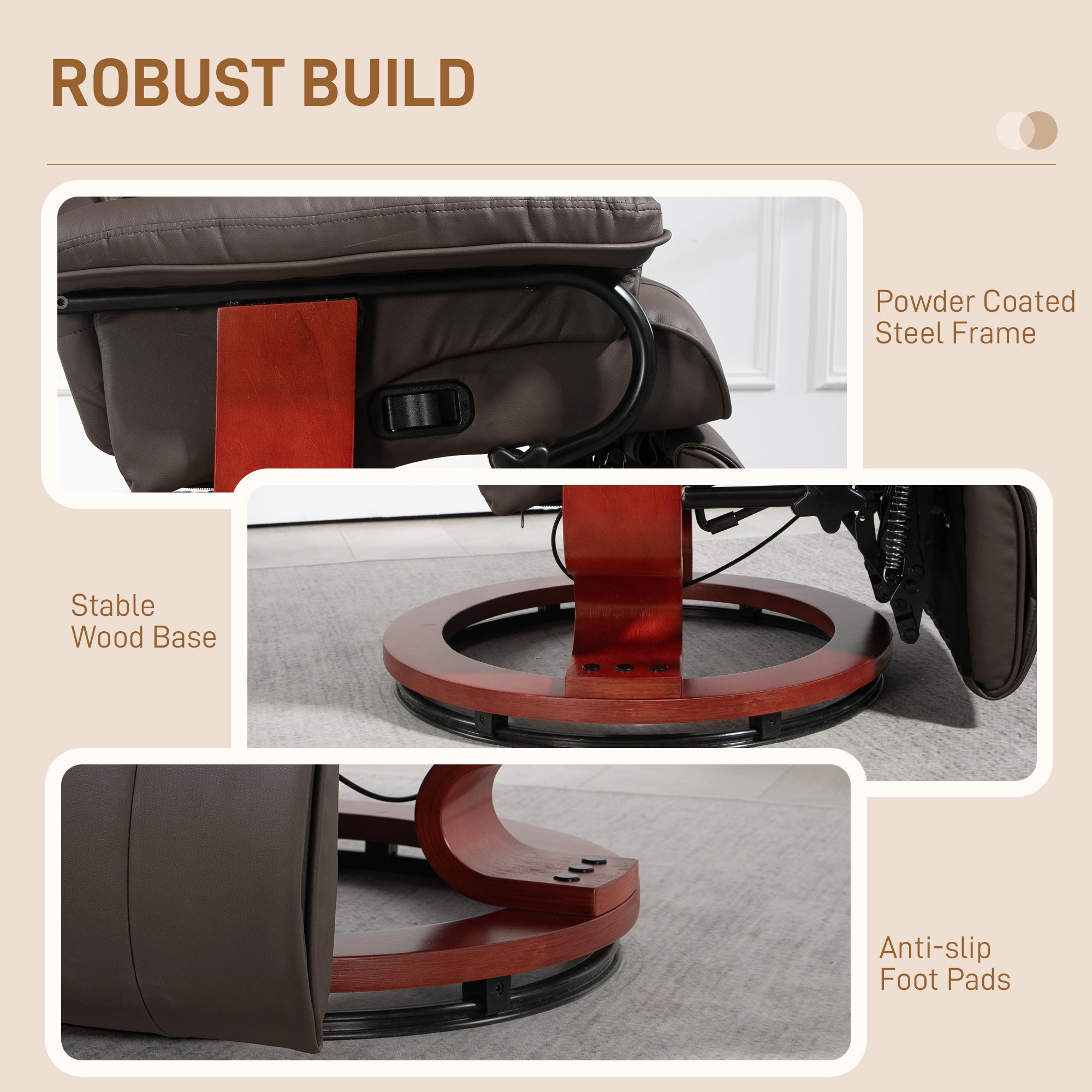 Modern RV Recliner Chair, PU Leather Swivel Recliner Armchair with Footrest for Living Room, Brown