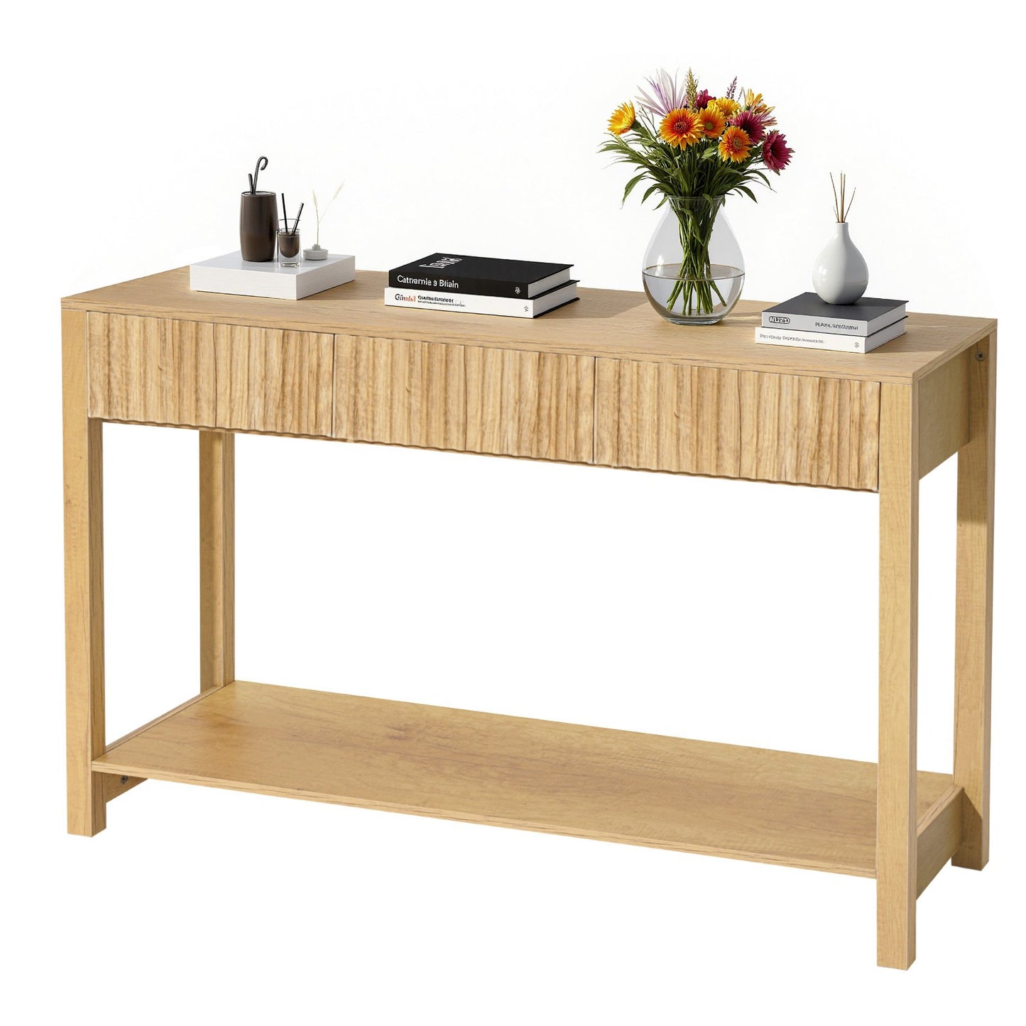 47 In Console Table, Farmhouse Desk Behind The Couch With Drawers And Bottom Storage Shelf, Wooden Rectangle Entrance Narrow Sofa Table For Hallway, Bedroom, Living Room, Foyer, Burlywood