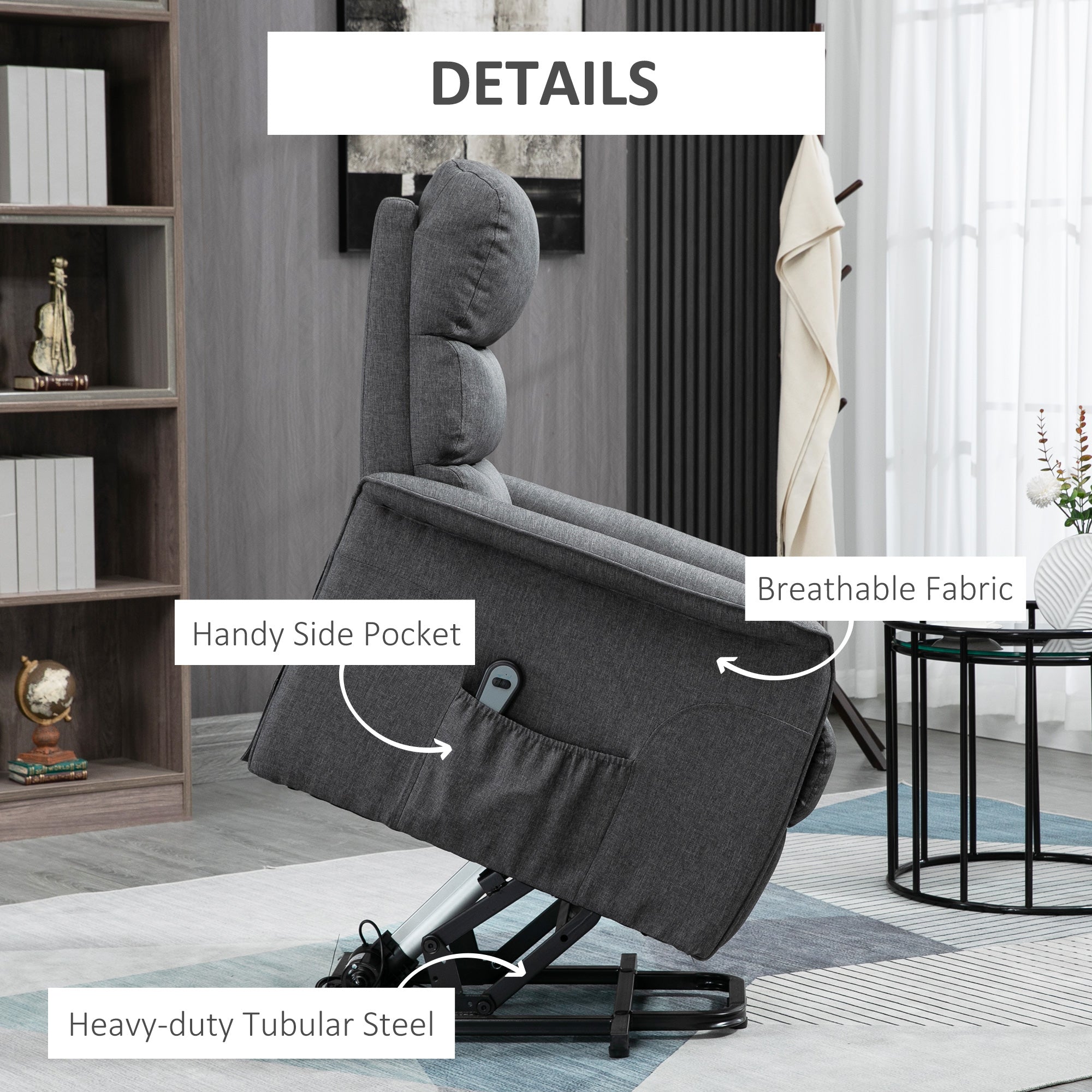 Power Lift Assist Recliner Chair for Elderly with Remote Control, Linen Fabric Upholstery Gray