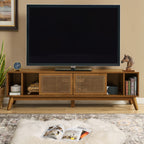 67.9 Inch Mid Century Modern Rattan TV Stand For TVs Up To 75, Entertainment Cabinet, Media Console For Living Room Media Room, Solid Wood Feet & Rattan Cabinet Doors - Light Walnut