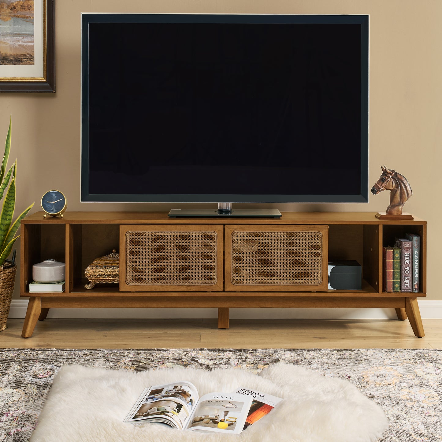 67.9 Inch Mid Century Modern Rattan TV Stand For TVs Up To 75, Entertainment Cabinet, Media Console For Living Room Media Room, Solid Wood Feet & Rattan Cabinet Doors - Light Walnut