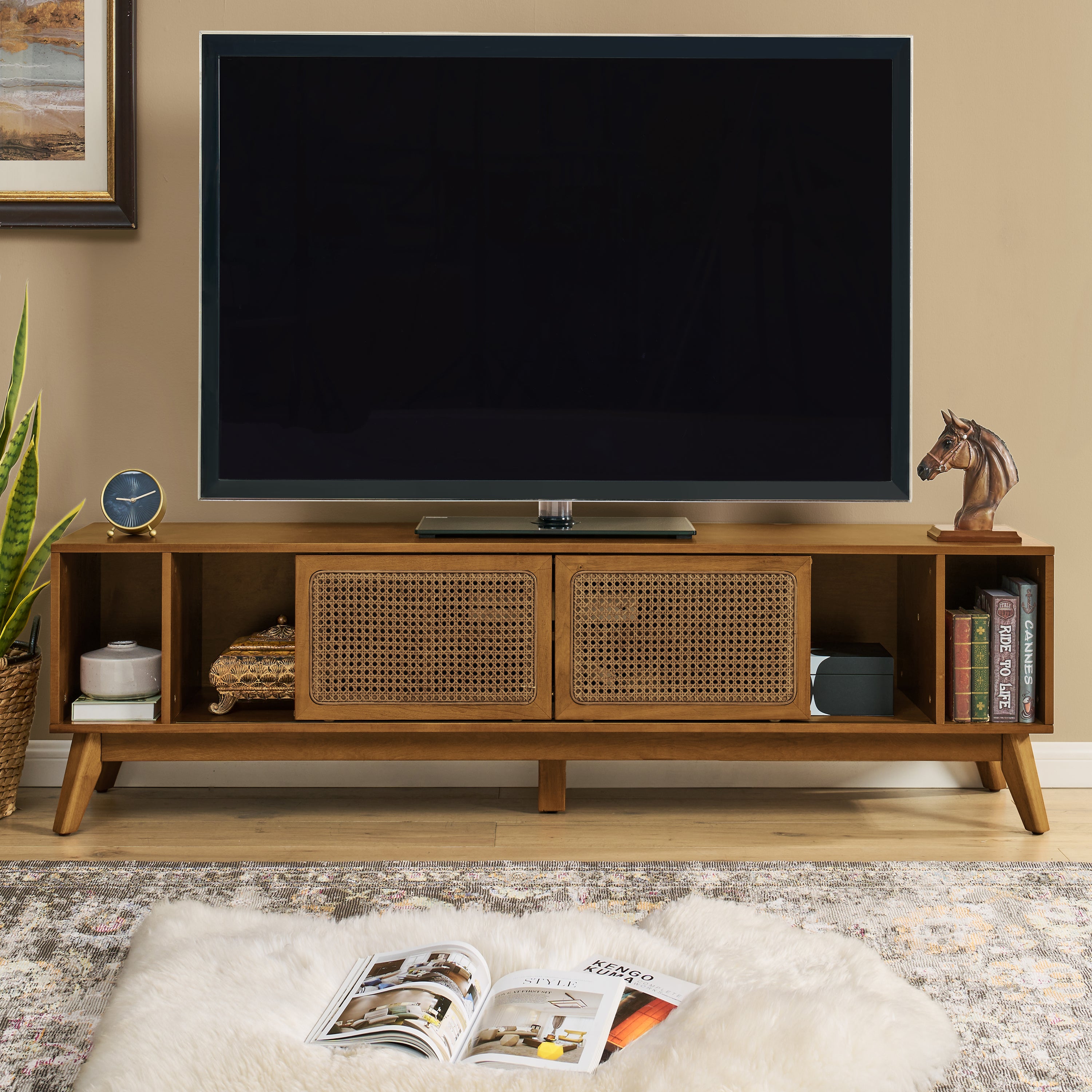 67.9 Inch Mid Century Modern Rattan TV Stand For TVs Up To 75, Entertainment Cabinet, Media Console For Living Room Media Room, Solid Wood Feet & Rattan Cabinet Doors - Light Walnut