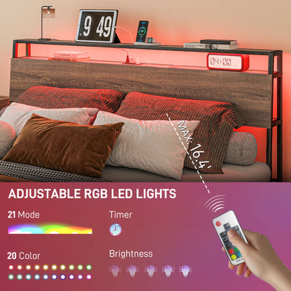 King Size Bed Frame with LED Lights and Charging Station, King Bed Frame with Storage Headboard, Noise-Free, Walnut
