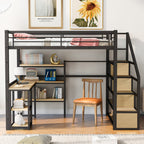 Full Size Metal Loft Bed With Staircase, Built-in Desk And Shelves, Black