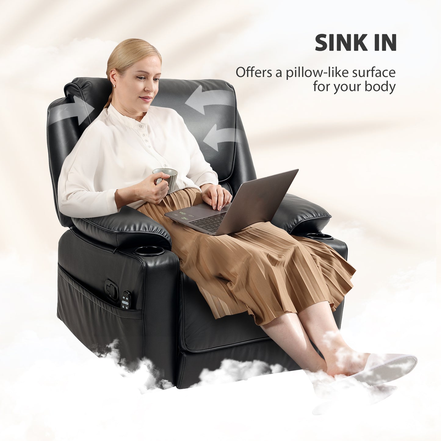 Recliner Massage Armchair with Heat Oversized Swivel Rocker with Footrest Remote and Side Pockets Black