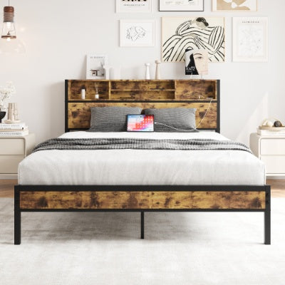 Full Size Bed Frame With Storage Headboard, Metal Platform Bed With Charging Station, Bookcase Storage, No Box Spring Needed, Easy Assembly, Noise-Free, Black