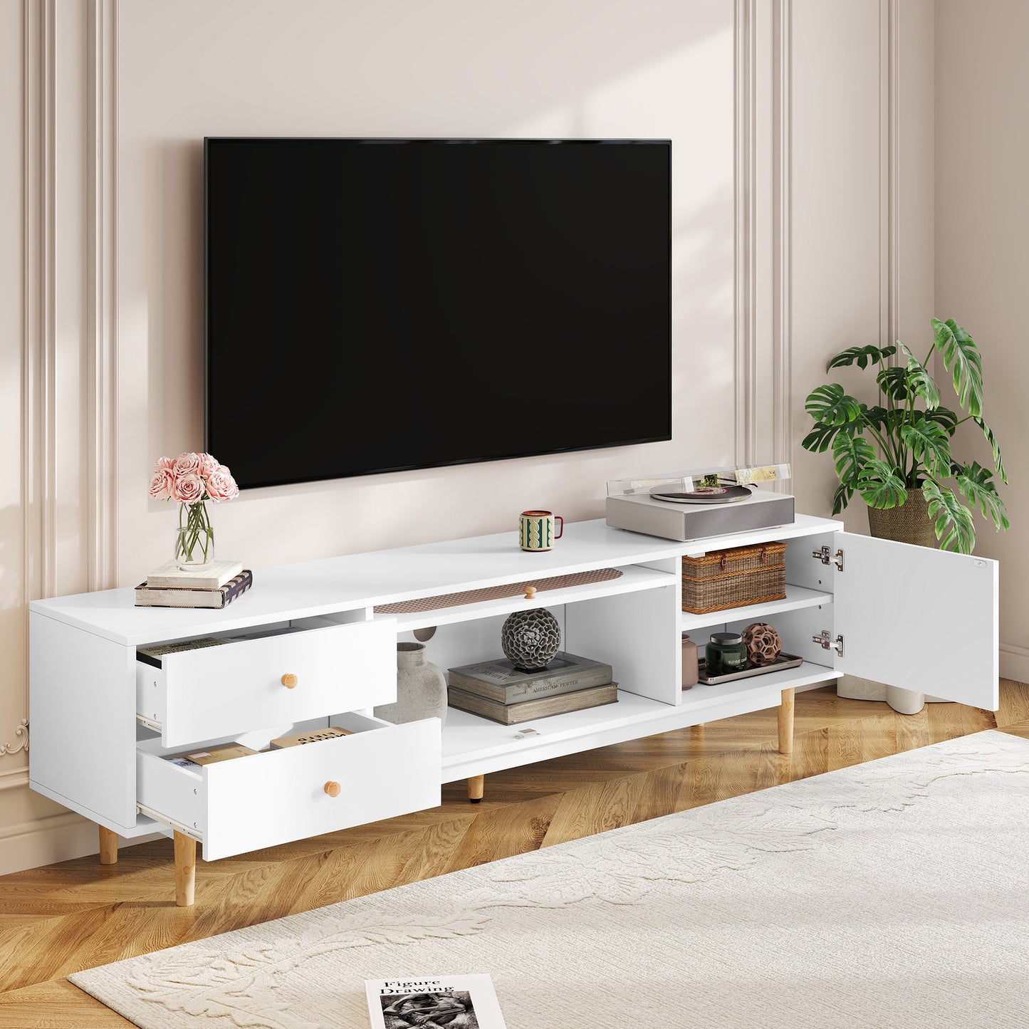 70 Inch TV Stand For TVs Up To 80 Inch, Minimalist TV Console Table With Drawers, Media Entertainment Center For Living Room, Bedroom