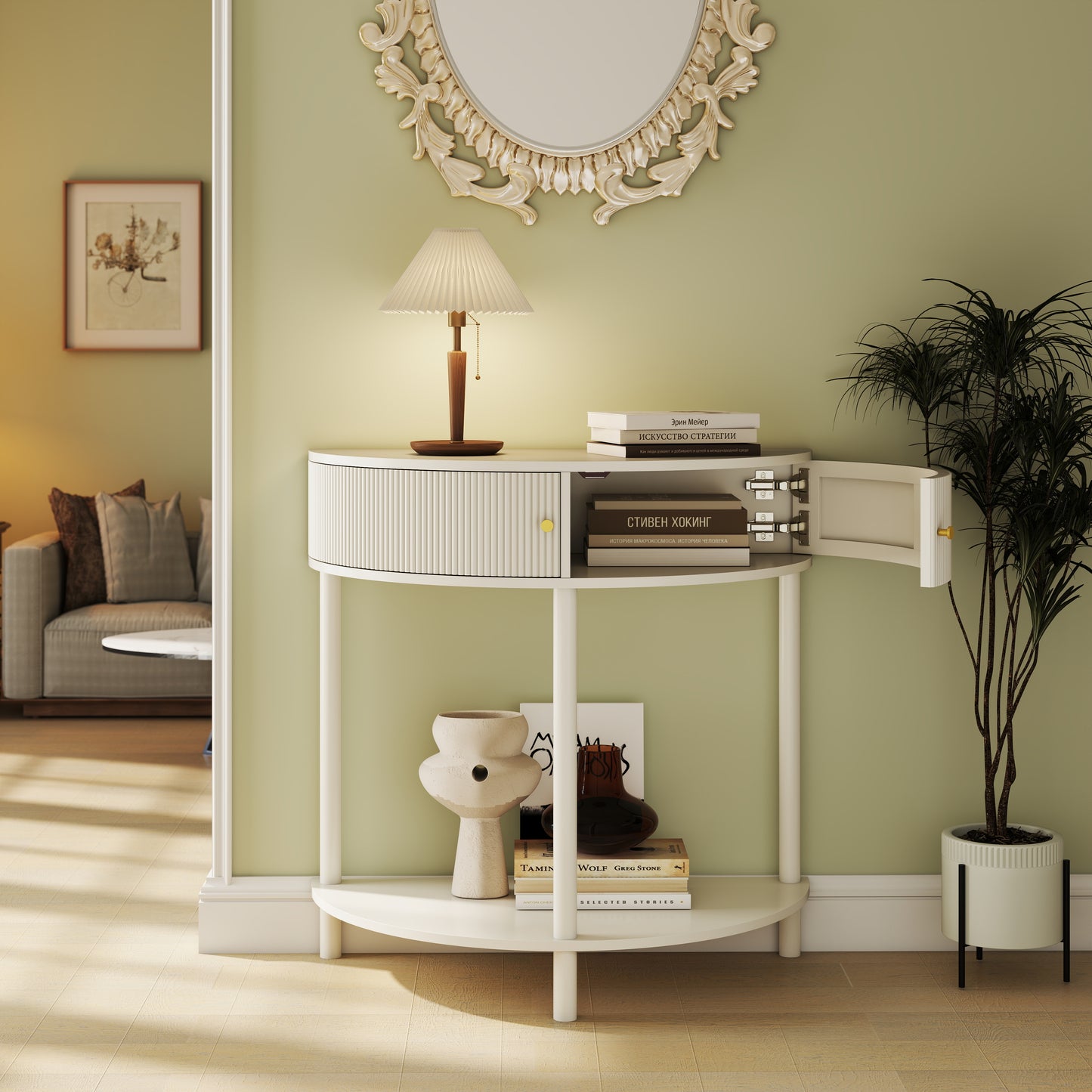 Artisan-Crafted Wave-Pattern Demi-Lune Console Table With Creamy White Finish,Unique Half Moon Design End Table With 2 Storage Drawers And Bottom Shelf For Living Room, Bedroom, Study, Hallway