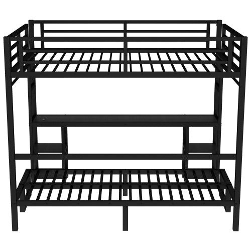 Queen Over Twin XL Metal Bunk Bed Loft Bed With Desk And Shelves, Multiple Uses Folds Into Sofa With LED And USB, Black