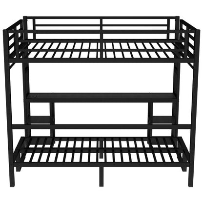 Queen Over Twin XL Metal Bunk Bed Loft Bed With Desk And Shelves, Multiple Uses Folds Into Sofa With LED And USB, Black