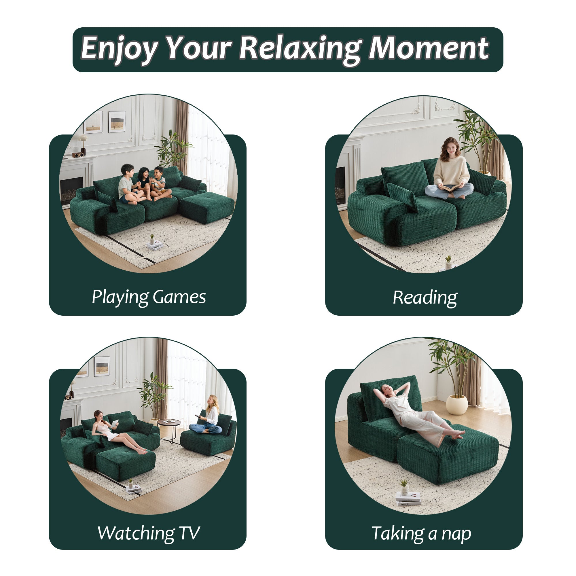 Modern Memory Foam Compressed Sofa,Large Sectional Couches For Living Room,Pet-Friendly Cloud Modular Sectional Sofa,Corduroy Fabric,Extra Deep Loveseat,No Assembly Required,Green