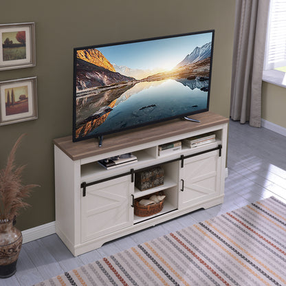 Farmhouse TV Stand For 65  Inch TV, 33 Tall Highboy Entertainment Center W Sliding Barn Door, Rustic Media Console W Storage Shelves, Wood Television Stand For Living Room, Antique White