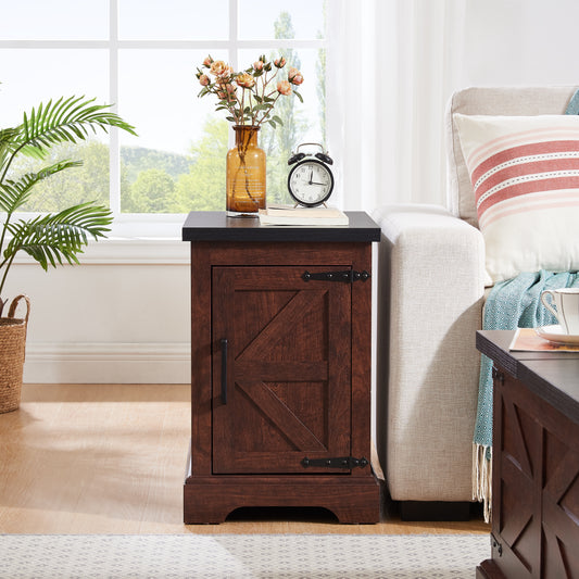 Farmhouse End Table Nightstand Rectangular Farmhouse End Table With Barn Door And Adjustable Storage Shelf, Rustic Sofa Side Table For Living Room, Bedroom, OAK