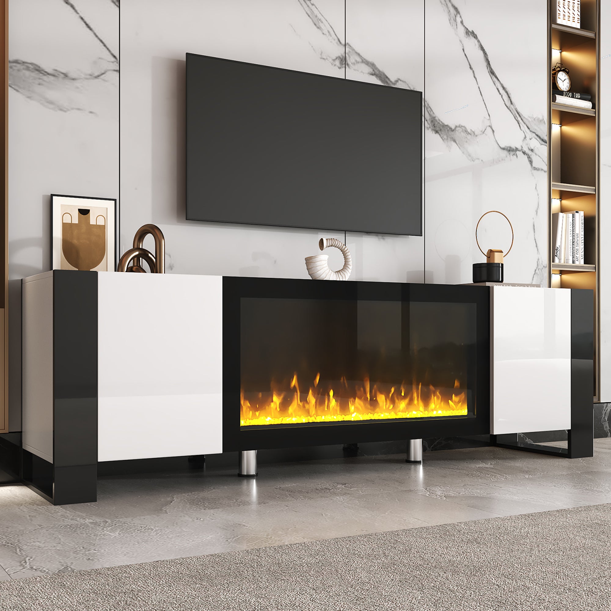 ON-TREND Modern TV Stand With 34.2 Non-heating Electric Fireplace, High Gloss Entertainment Center With 2 Cabinets, Media Console For TVs Up To 78, White