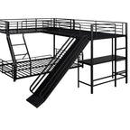 L-Shaped Twin Full Bunk Bed With Loft, Desk  Slide, Black