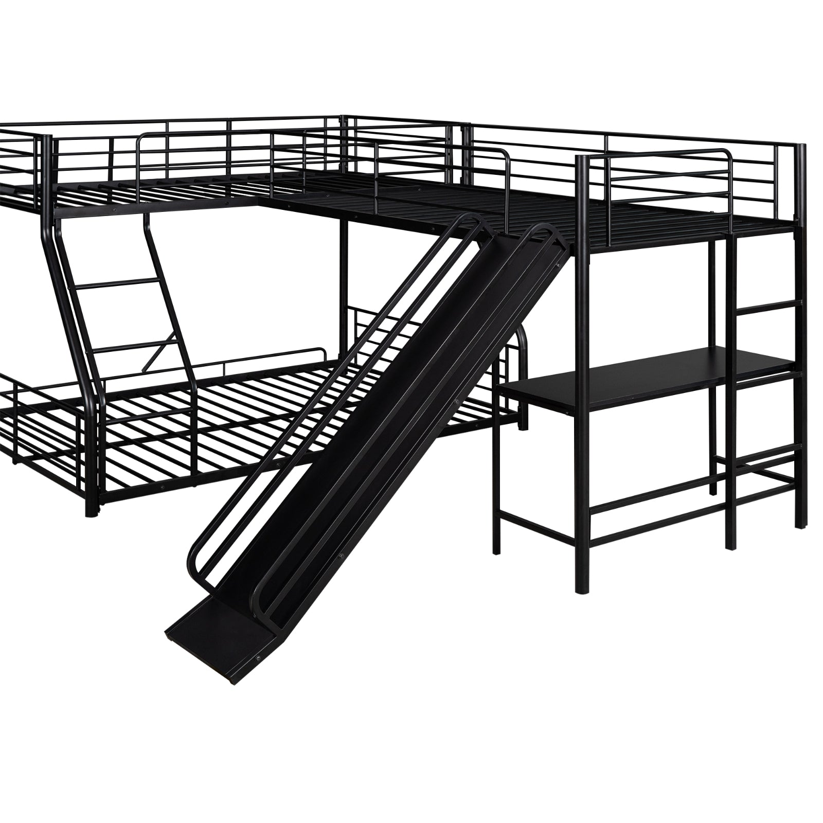 L-Shaped Twin Full Bunk Bed With Loft, Desk  Slide, Black