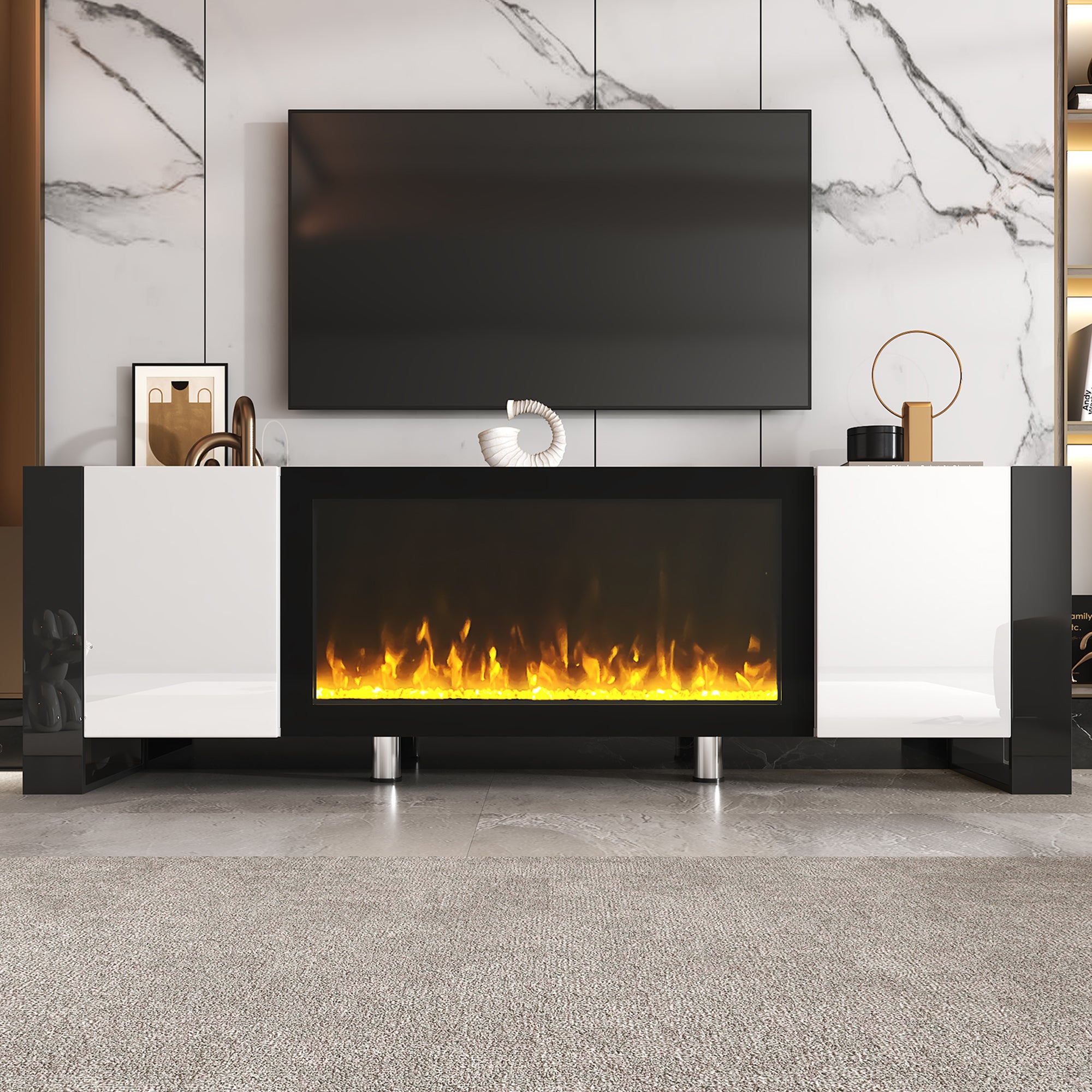 ON-TREND Modern TV Stand With 34.2 Non-heating Electric Fireplace, High Gloss Entertainment Center With 2 Cabinets, Media Console For TVs Up To 78, White